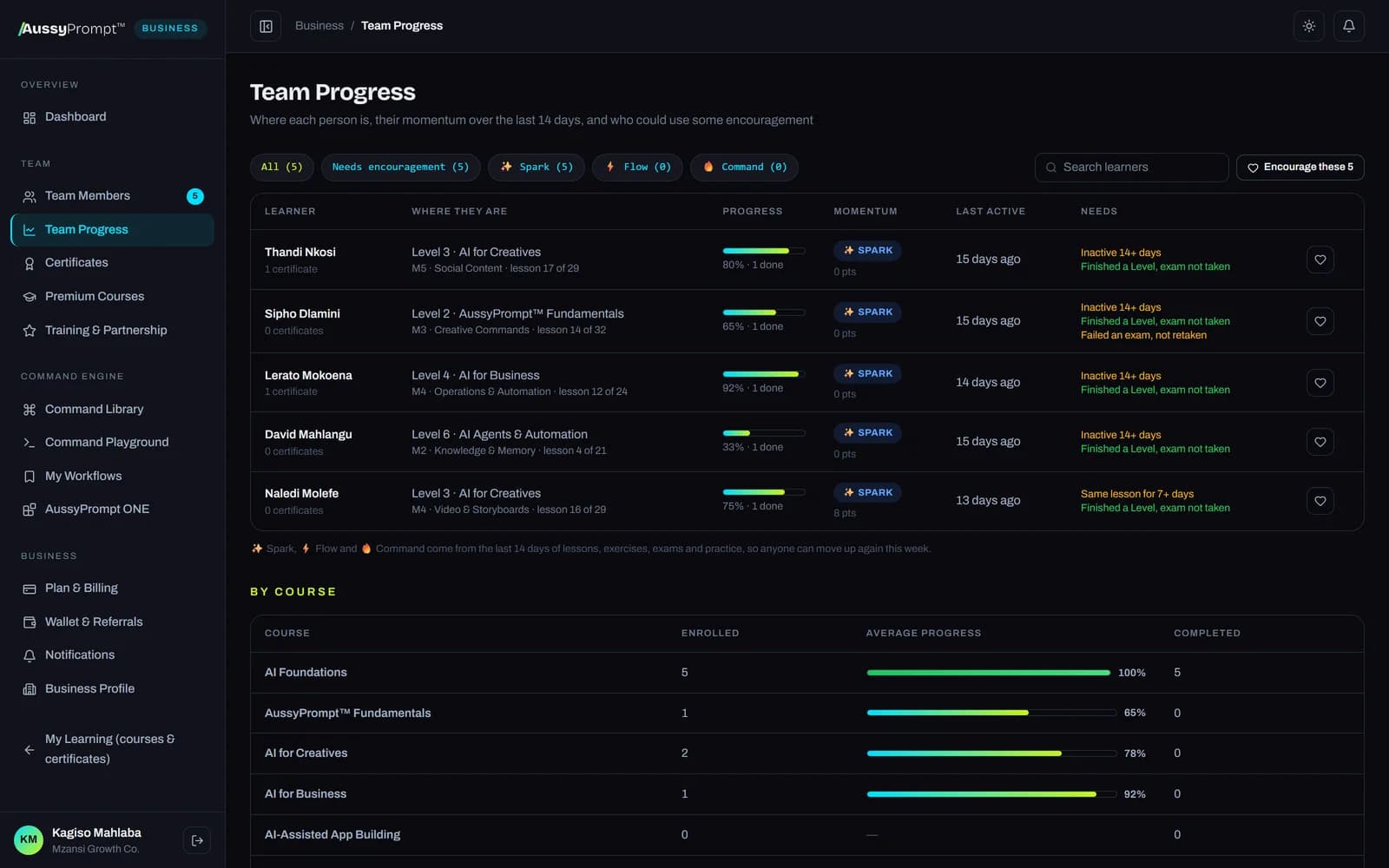 Team Progress in the Business Portal
