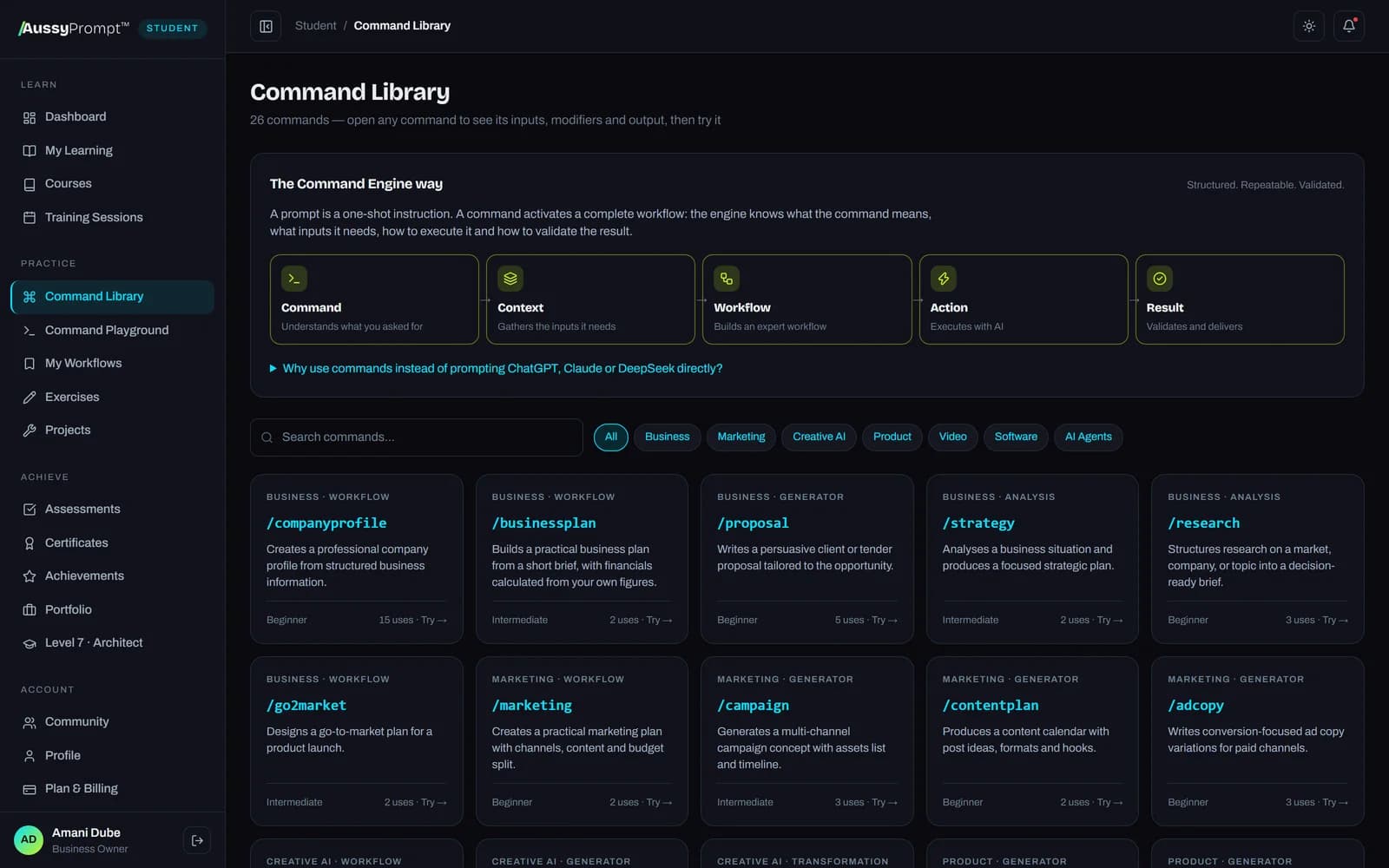 The Command Library inside the Student Portal