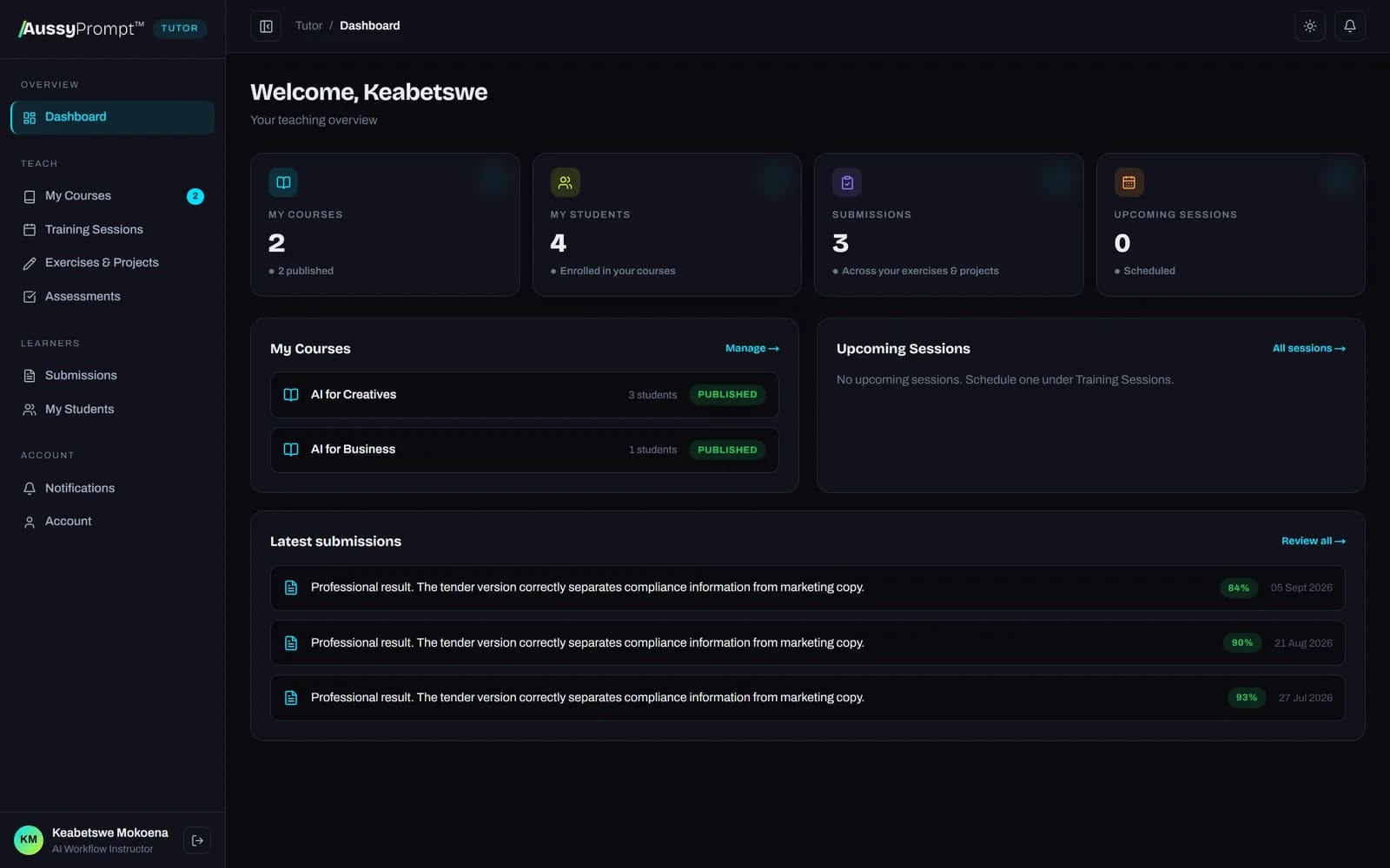 The Tutor Portal dashboard