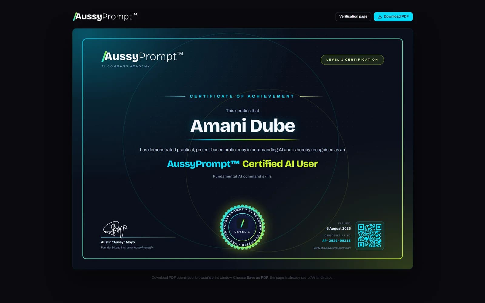 An AussyPrompt™ certificate